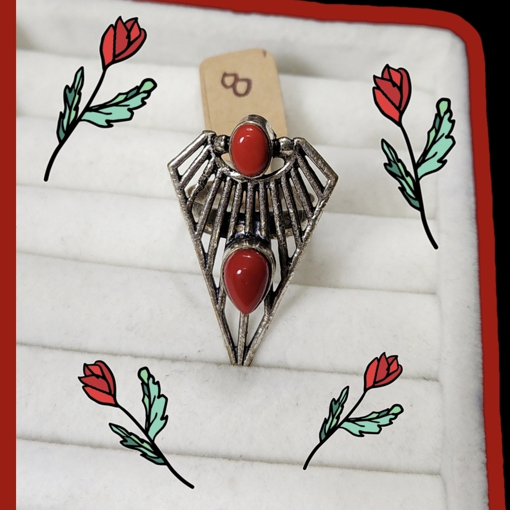~Size 8~ Elegant Silver Woman's Ring With 2 Vivid Red Coral Cabochons